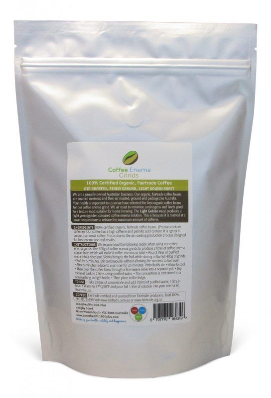 Light Golden Roast Organic Fairtrade Coffee Enema Grinds Back instructions Air roasted