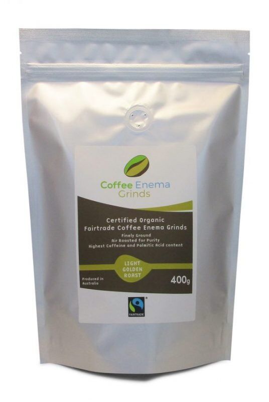 Light Golden Roast Organic Fairtrade Coffee Enema Grinds Front of packet Air roasted