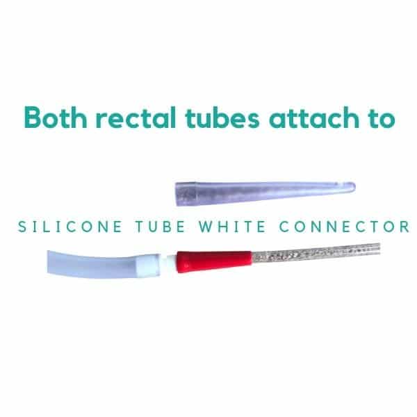 A short stiff rectal tube and long flexible rectal tube attach to a white connector