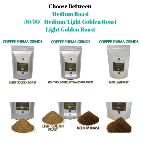3 bags of coffee enema grinds with piles of coffee in front of the packets showing Light golden roast - Medium roast and 50/50 light golden roast and medium roast