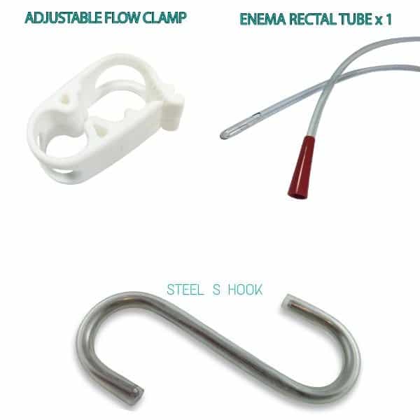 adjustable flow clip for enema tube with long rectal tube and s hook for hanging enema equipment