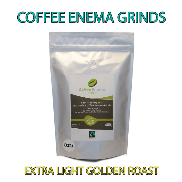 Bag of extra light golden roast coffee enema grinds with text